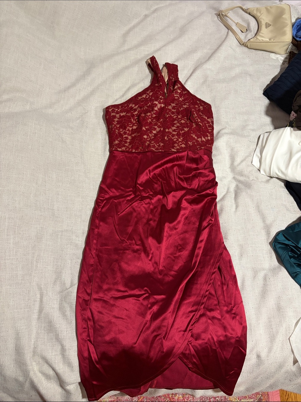 Women's Lace Bodice Satin Dress - Red